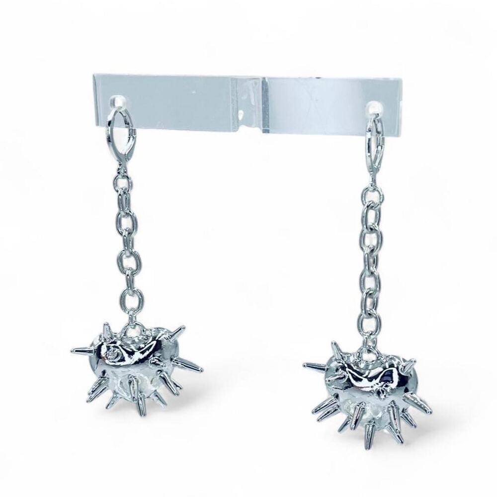 Silver Tone Spikes Spiked Spike Heart Dangle Earrings Glam Goth Alt Grunge Emo